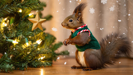 Obraz premium Adorable Squirrel Decked Out in Festive Green Vest Next to a Sparkling Holiday Tree with a Golden Star Ornament, Creating a Whimsical Winter Scene Indoors