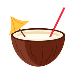 Refreshing coconut beverage with straw and umbrella on white background, isolated vector illustration