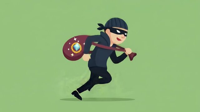 Pixel Art of a Running Thief with a Sack on a Light Green Background in Cartoon Style