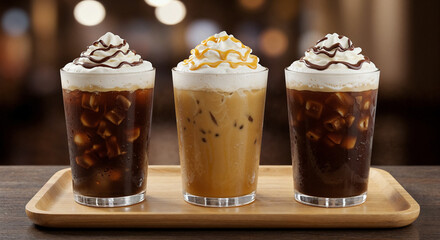 Three iced coffee drinks with whipped cream and syrups on a wooden tray.
