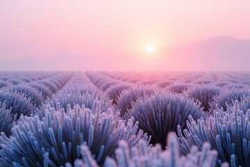 A field of frost-covered lavender under a pale pink dawn.