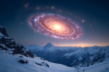 A spiral galaxy visible above a snowy mountain ridge.
