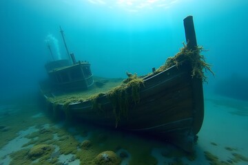 Wooden shipwreck entangled in seaweed beneath clear blue water.