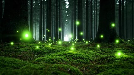 Enchanting mystical forest floor illuminated by glowing fireflies on a mossy ground under the moonlight