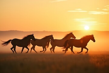 Wild horses running across a misty plain at sunrise.