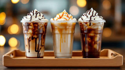 Three iced coffee drinks with whipped cream and syrups on a wooden tray.
