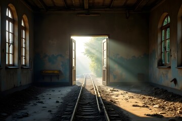 Old train station filled with dust and sunlight through broken glass.