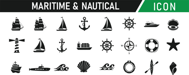 Maritime and nautical glyph icon set. Including Anchor, Compass, Ship Wheel, Lighthouse, Sailboat, Nautical Star, Knot, Lifebuoy, Seagull, Waves. Vector silhouette illustration