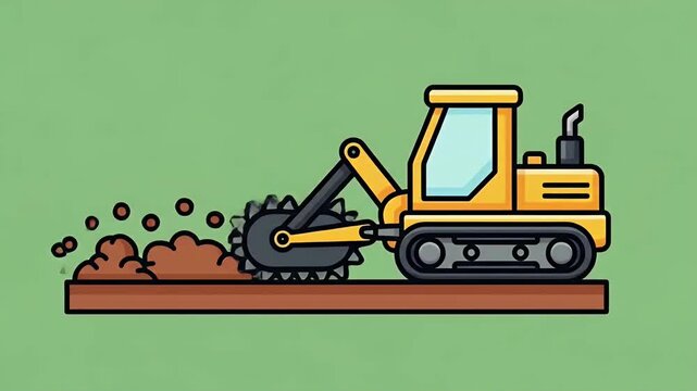 Animated Yellow Trencher Machine Digging Brown Soil on Light Green Background Pixelated Cartoon Style Detailed Construction Equipment