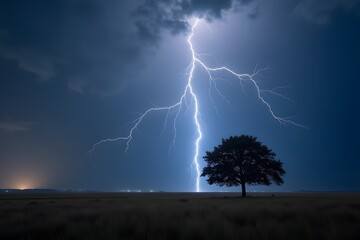 Lightning striking behind a lone tree in a vast plain.