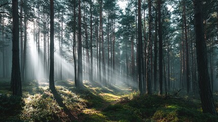 confinement. Atmospheric pine forest with morning mist and gentle light filtering through trees. travel magazines, destination branding, designed for outdoor magazines and nature guides.
