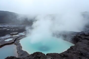 Steam rising from geothermal pools amid volcanic rocks.