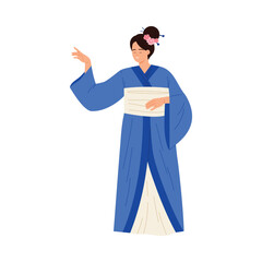 Smiling Japanese woman in blue kimono with floral hairpin, standing isolated on white vector illustration