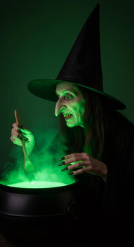 Wicked witch stirring a bubbling cauldron filled with green potion, surrounded by eerie mist and dark shadows, embodying the essence of Halloween magic and mystery