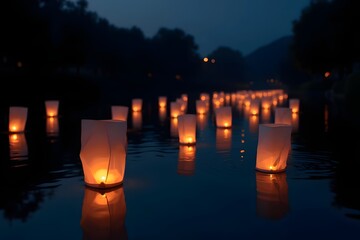 Floating lanterns drifting over a tranquil river at night.
