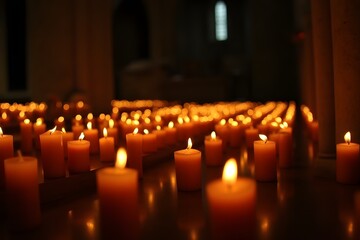 Rows of candles flickering inside an old cathedral.