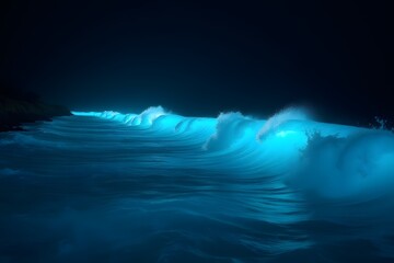 Bioluminescent waves glowing along a dark coastline.