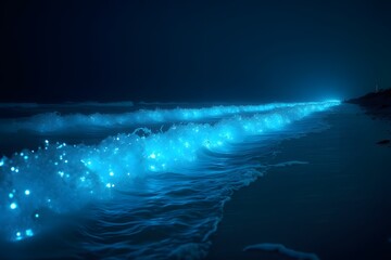 Bioluminescent waves glowing along a dark coastline.