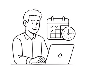 Get organized with this professional illustration of a man tracking time and managing his schedule with a modern laptop and calendar icon