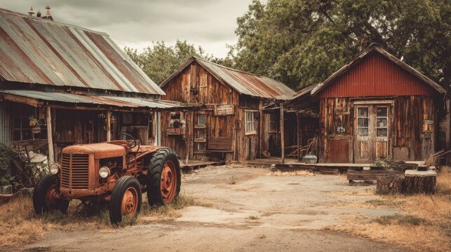 An old tractor sits in front of rustic wooden buildings under a cloudy sky showcasing rural charm.