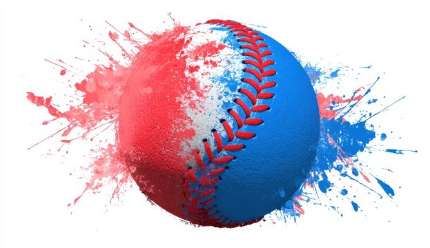 Dynamic baseball with red and blue paint splashes creating a vibrant effect - Powered by Adobe