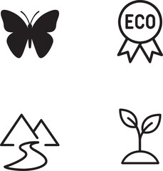 Eco-Friendly, Nature, and Quality Vector Icons Ecology, Wildlife, and Sustainable Environment Icon Set Butterfly, Landscape, and Growth Silhouettes