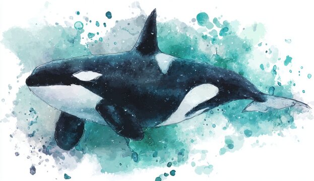Dynamic watercolor of an orca whale swimming in ocean waters