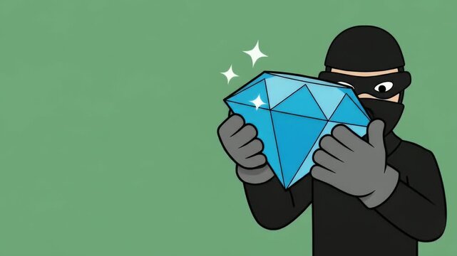 Cartoon Thief in Black Mask Holds Large Sparkling Blue Diamond on Green Background. Illustration of Jewel Heist