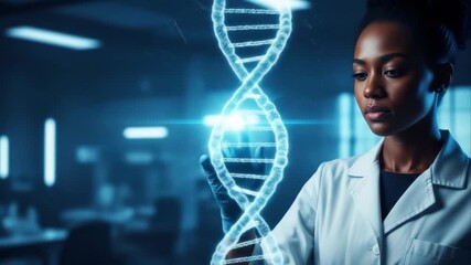 glowing digital dna hologram analyzed by female geneticist. concept of advanced medicine, genomic research, biotechnology discovery, healthcare technology - Powered by Adobe