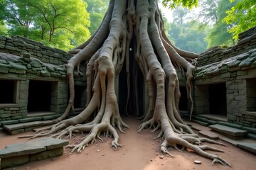 Massive tree roots breaking through ancient stone ruins.