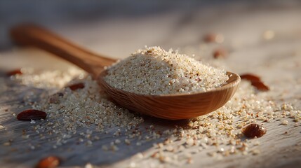 A wooden spoon filled with sesame seeds, scattered on a rustic wooden surface, with warm sunlight casting shadows