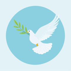 Obraz premium A white dove carrying a green olive branch symbolizing peace and hope in a soft blue circle