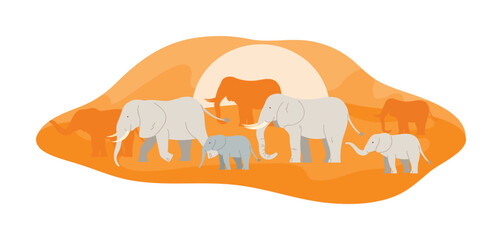 Isolated group of African elephants walking in Mali savanna at sunset, wildlife concept vector illustration