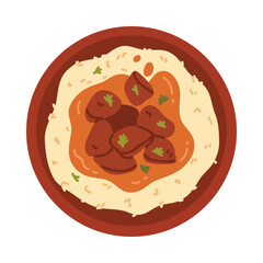 Top view of traditional Mali stew served with rice in a bowl, isolated vector illustration