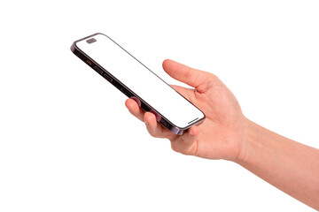 Hand showing smartphone with blank screen isolated.	
