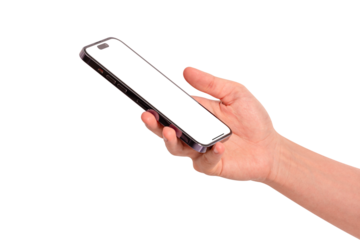 Hand showing smartphone with blank screen isolated.	
