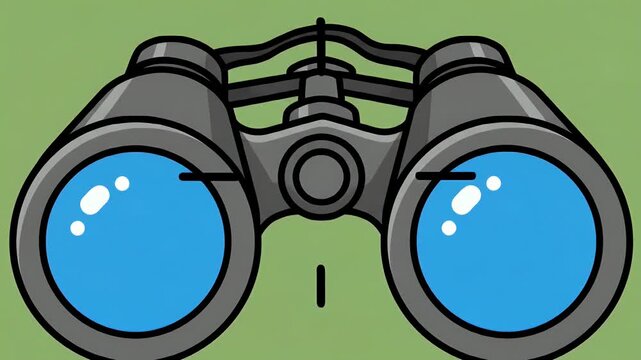 Pixel Art Style Binoculars Featuring Blue Lenses And Gray Color with A Simple Green Background