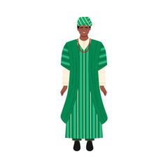 Smiling Nigerian man wearing green agbada and cap, isolated on white background vector illustration
