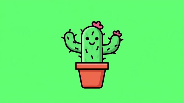 Happy Cartoon Cactus in Terracotta Pot on Light Green Background Simple Cute Style Icon Vector Illustration