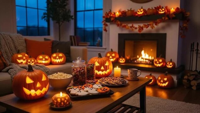 Spooky Halloween Horror Party in October Cozy Living Room with Glowing Pumpkins, Festive Decorations, and a Warm Fireplace, Ready for a Gathering!