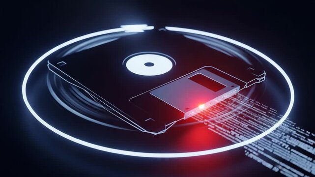Floppy disk with data stream and glowing circle, representing data storage