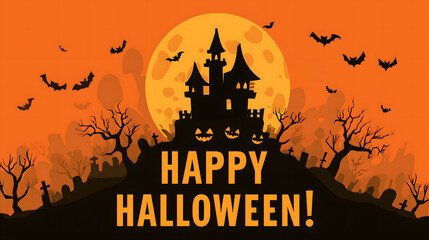 Spooky Haunted House with Full Moon and Jack O’ Lantern Pumpkins – Happy Halloween Poster Design on Orange Background