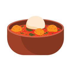 Isolated Nigerian soup with fufu and vegetables in a brown bowl on white background vector illustration