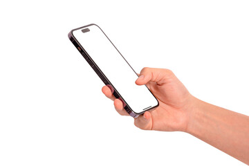 Hand showing smartphone with blank screen isolated.	
