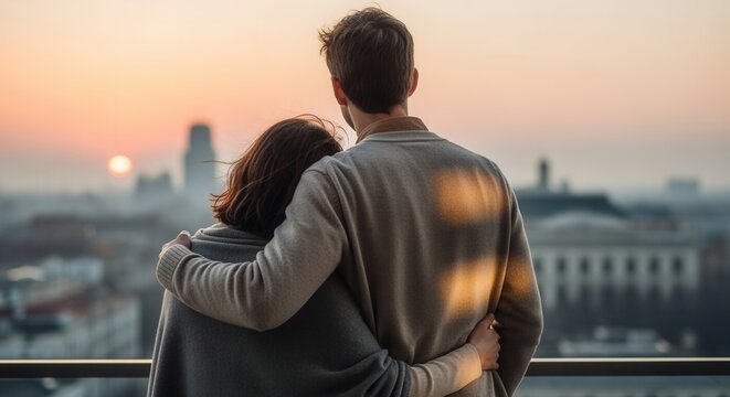 A couple embracing while watching the sunrise over a city skyline. Rear view of a man and woman sharing an intimate moment. Love and togetherness concept