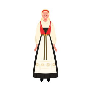 Smiling Norwegian woman wearing national bunad dress on white background, isolated vector illustration