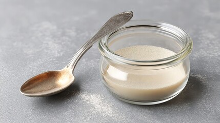 A small glass jar filled with white granular sugar sits next to a silver spoon on a textured gray surface, with a few sugar granules scattered around