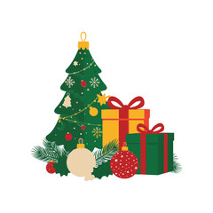Decorated christmas tree surrounded by wrapped presents and ornaments festive holiday scene vector