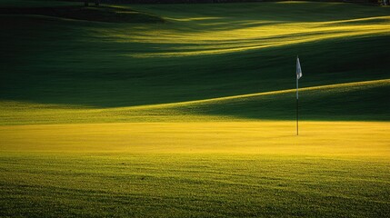 golf. Ancient golf course green glowing in morning light, manicured grass surface. event key visuals, club posters, designed for fitness apps and gym onboarding, used by fitness trainers.