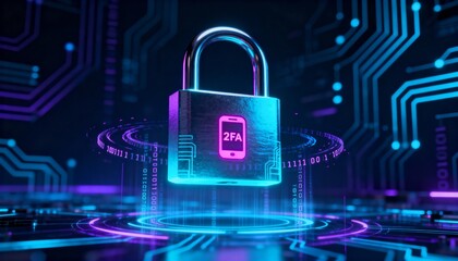 Digital padlock glowing in cyber space, 2FA symbol in center, abstract secure data technology